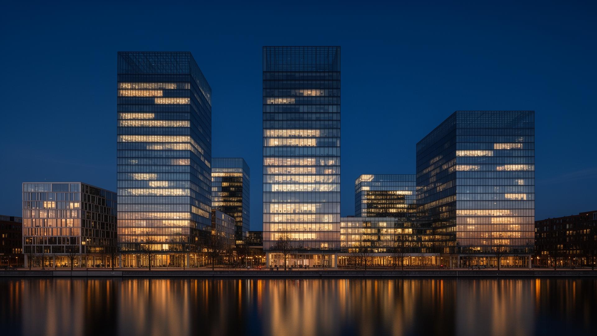Zuidas skyline at blue hour over the water